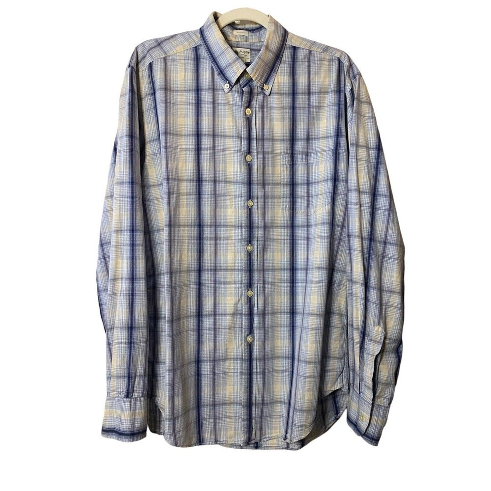 J.Crew Mens Plaid Blue Button up Long Sleeve Collar Cotton Shirt Sz L‎